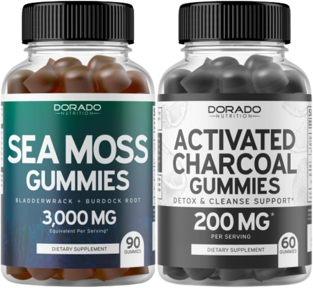 Irish Sea Moss (90 Gummies) Seamoss brut pentru tiroida, Energie și Sprijin Immun și Charcoal activat (60 Gummies) Dezintoxicare sănătoasă și Cleanse Support - Formulat din nuci de cocos organice Shells - Made in USA