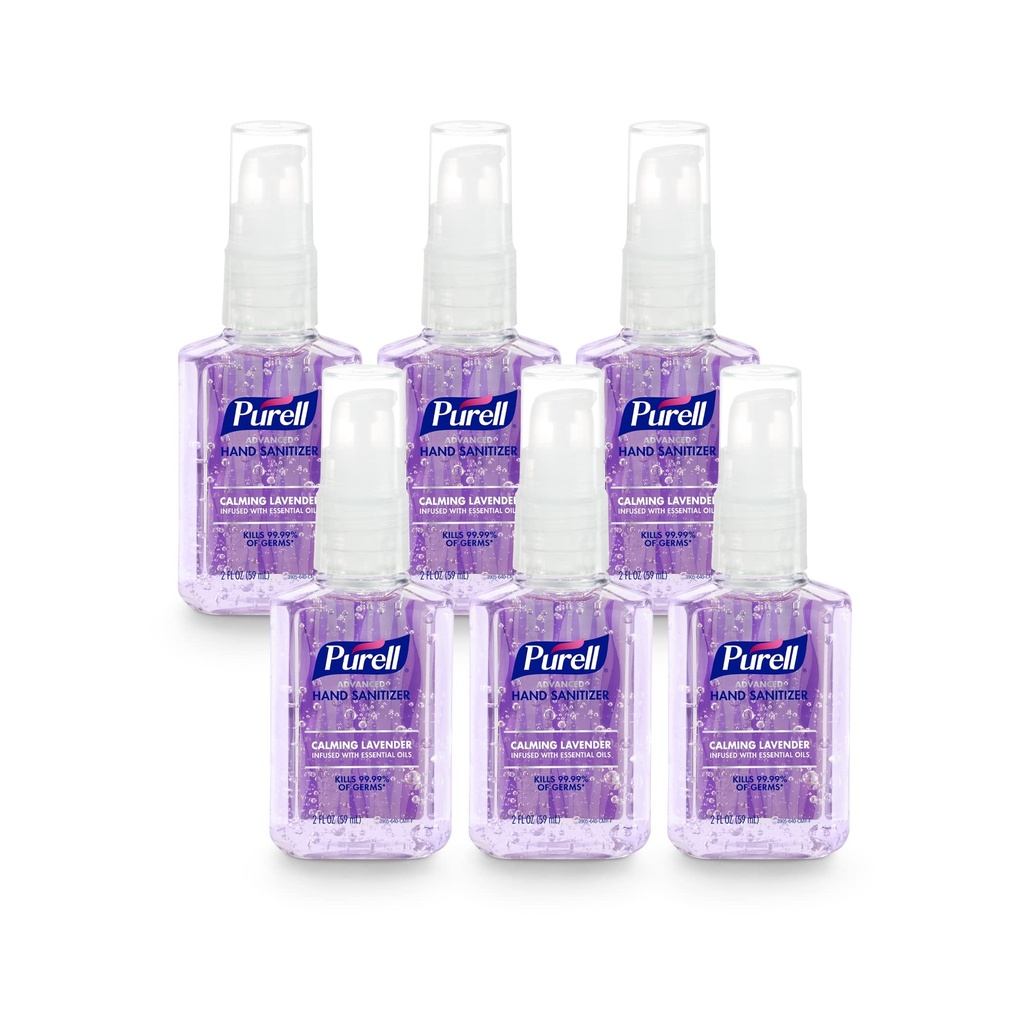 Purell Advanced Hand Sanitizer Gel Infuzat cu uleiuri esențiale, calmant Lavandă, 2 fl oz Pompă de dimensiuni de călătorie (Pachet de 6), 3905-04-EC