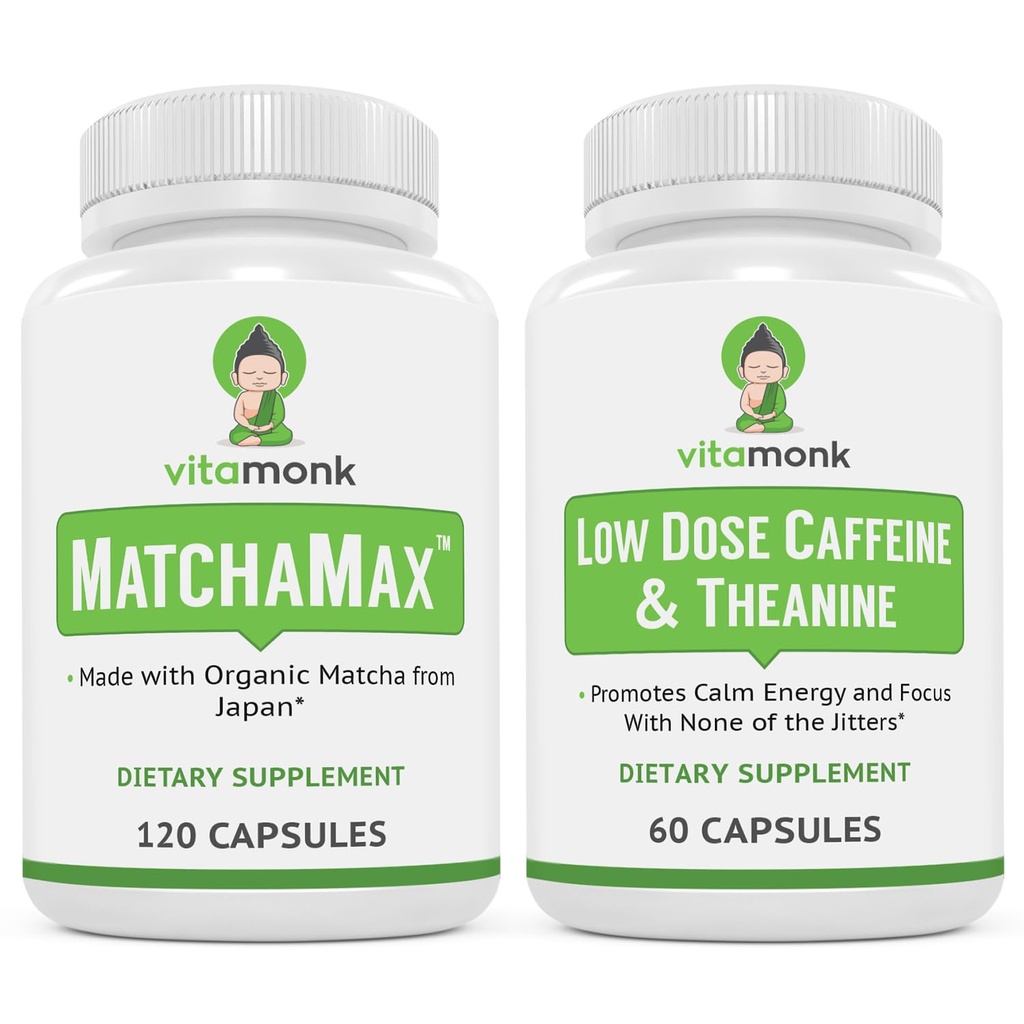 VitaMonk Energy & Focus Bundle: MatchaMax Organic Japanese Matcha Capsule mici doza de cofeina si Theanine