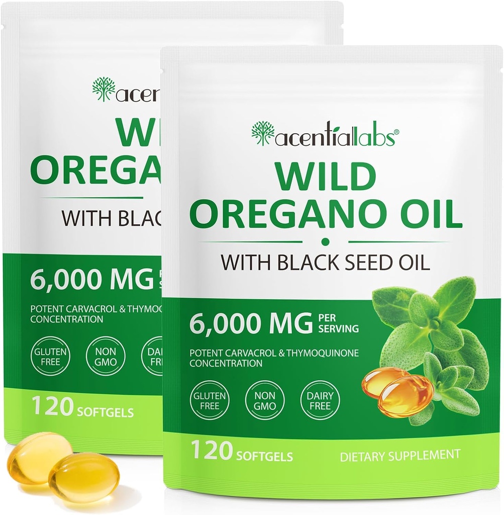 Ulei de Oregano Softgels 6000mg 2 Pack, 2 in 1 Formulat cu ulei de semințe negre 120 Conte, Capsule de ulei Oregano Organice, Ulei Liber Gluten de Oregano Softgels, Suport non-GMO & Immune