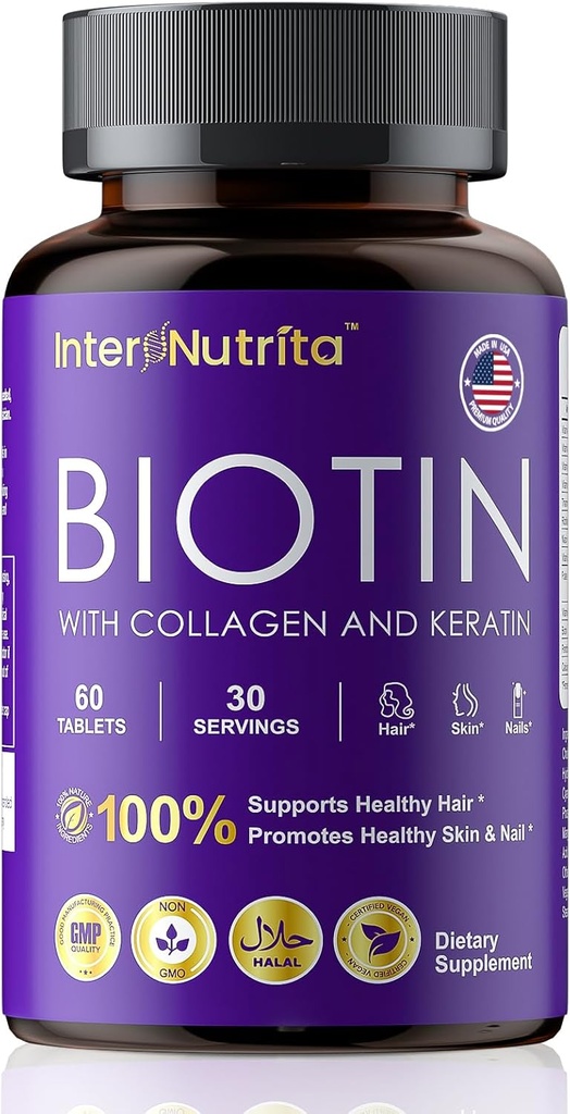 Biotina cu Colagen hidrolizat și Keratina, 5000mcg Biotina pentru creșterea părului,Skin & Nails & Energy Production,USA Made - Vitamina A, C, D3, E, B1, B2, B7, B12 Complex
