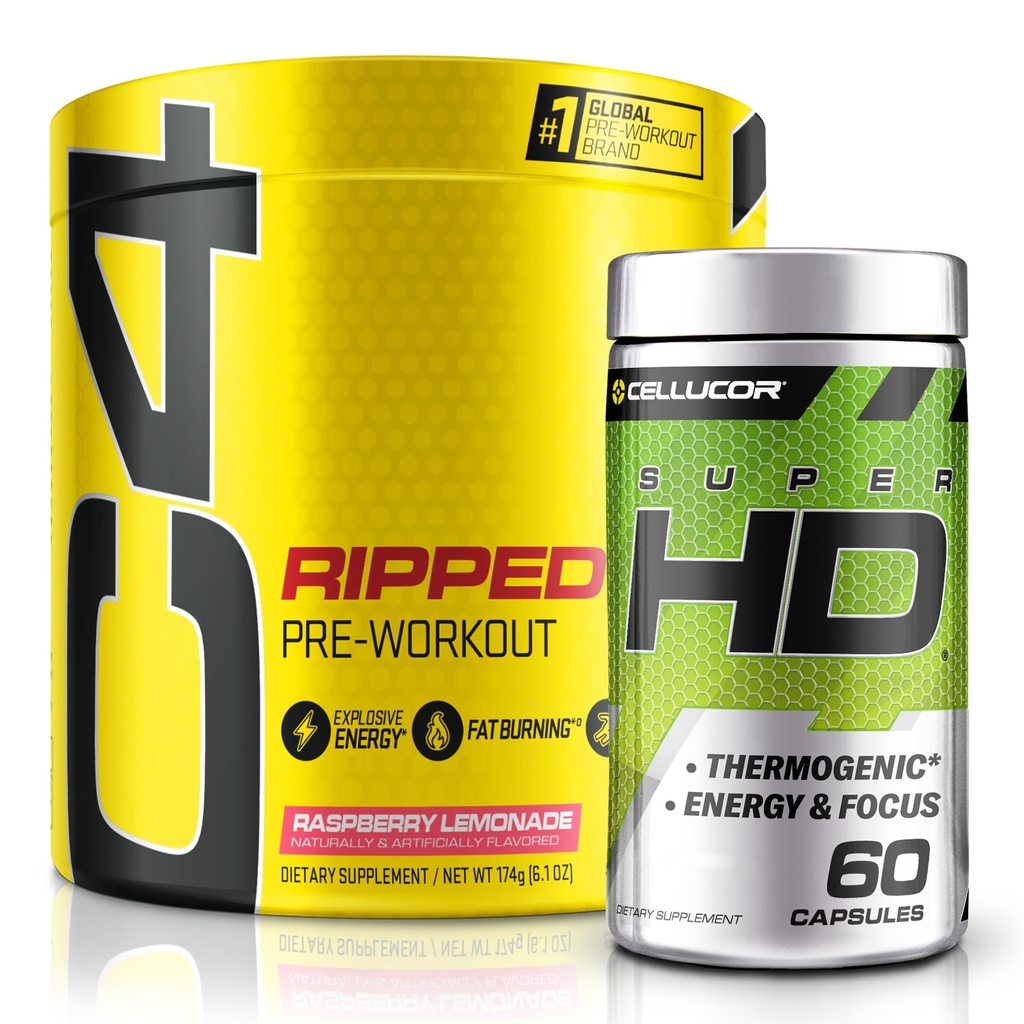 C4 Ripped & SuperHD, The The Termogenic Bundle, C4 Ripped Pre Workout Powder, Raspberry Lemonade 30 Serviri + SuperHD cu Capsimax și extract de ceai verde, 60 Serviri