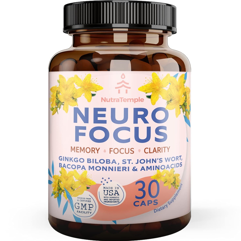 Brain Booster Gingko Biloba Supliment - Nootrops for Mind, Focus, Memorie, Claritate cu Bacopa Monnieri, St. Johns Wort - 30 capsule pentru hrana creierului