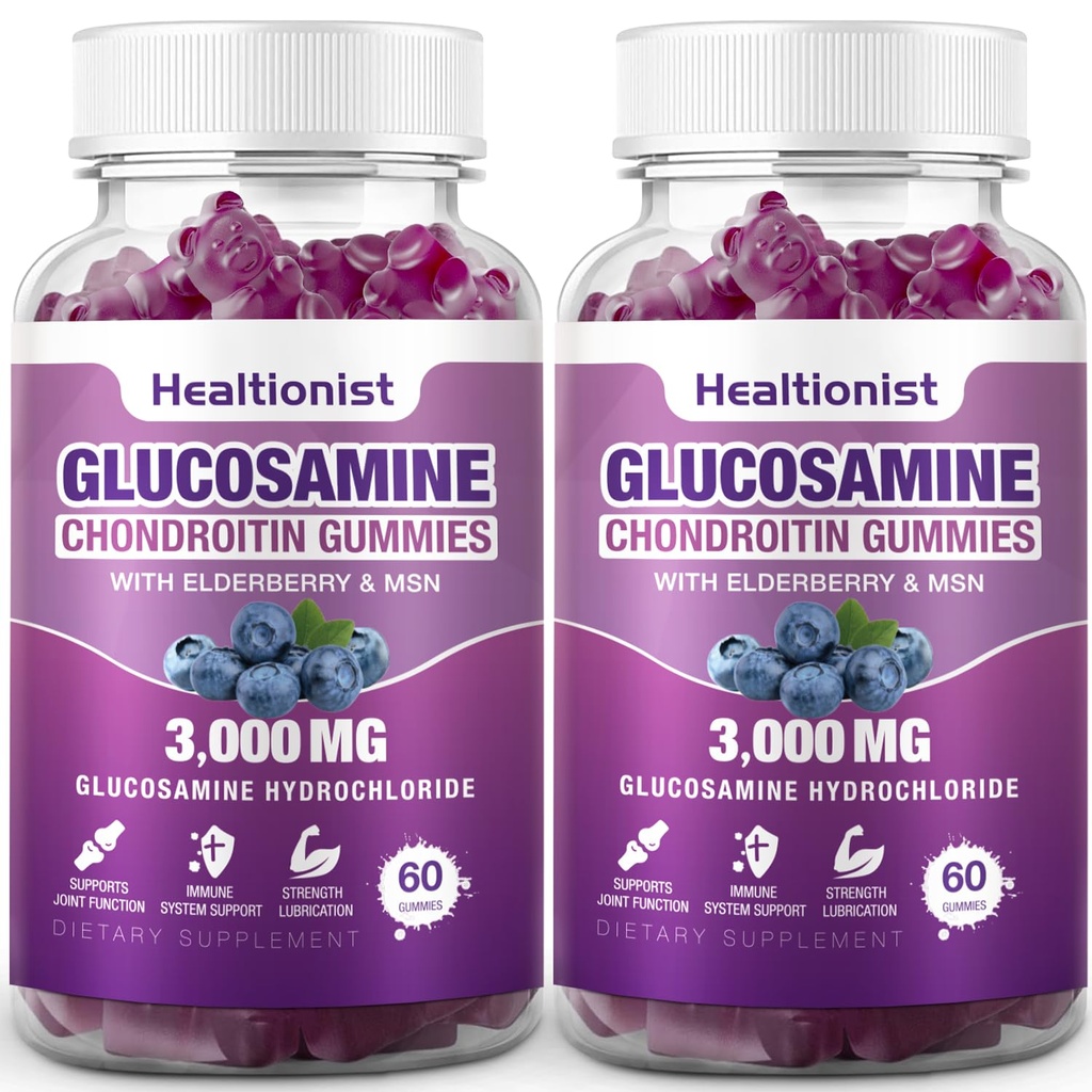 2 Pachete 3000 mg Glucosamină Chondroitin Gummies cu MSM & Elderberry - Extra Putere Comună Sănătate, Flexibilitate, Suport Imun antioxidant Gummy pentru adulți, Bărbați și Femei 120 Cts