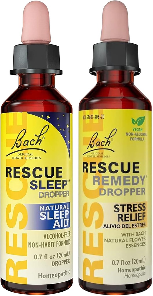 RescUE Stress Relief & Sleep Support Bundle, Formulare non-alcohol, Bach Remedy Dropper 20ml 2-Pack Sleep Dropper 20ml, Homeopatic Flower Essences