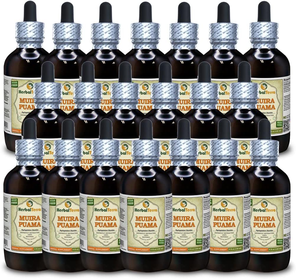 Muira Puama (Ptychopetalum Olacoides) Tincture, Extract de lichid organic (Brand Name: HerbalTerra, Proudly Made in USA) 20x4 fl.oz (20x120 ml)