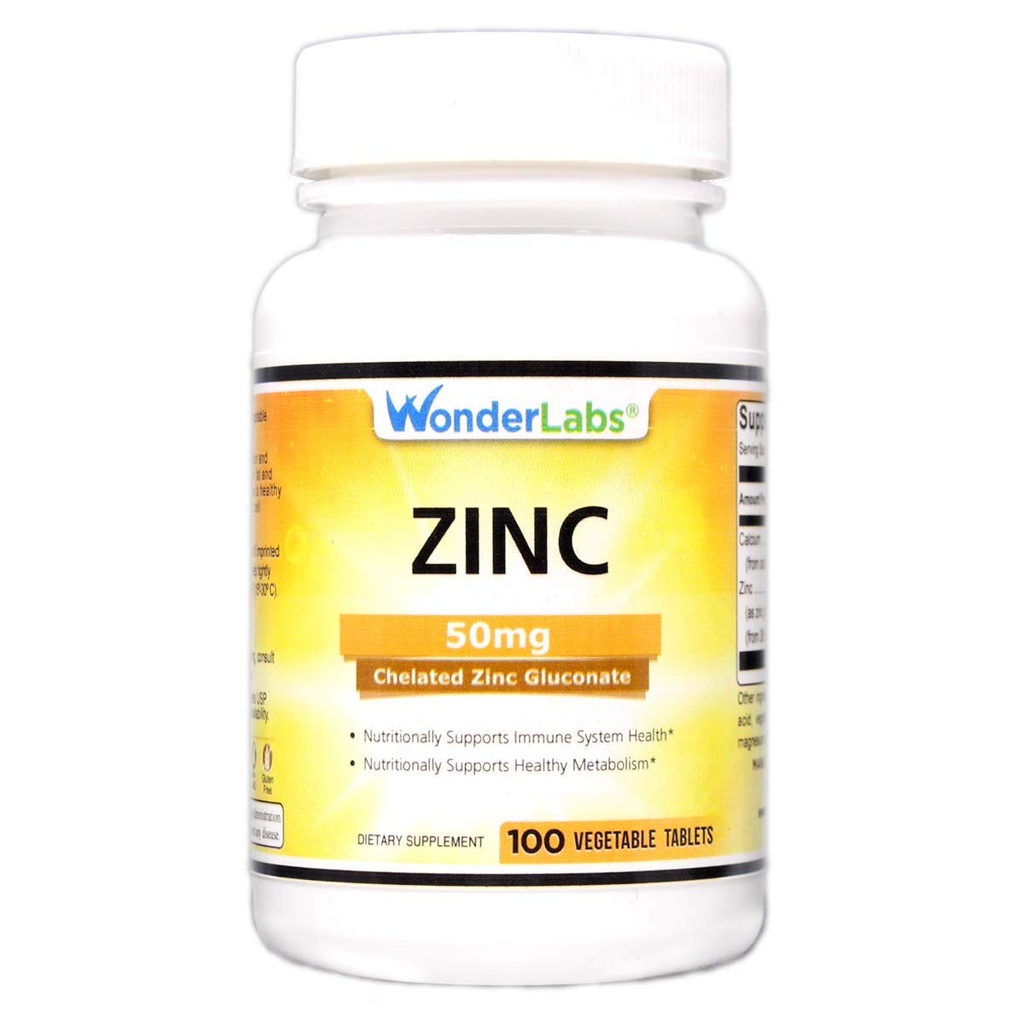 Laboratoare de minuni Gluconat de zinc Chelat 50 mg - Suporturi Sanatos Piele, Sistemul imunitar, Cresterea celulelor, si mai mult - 100 comprimate vegetariene