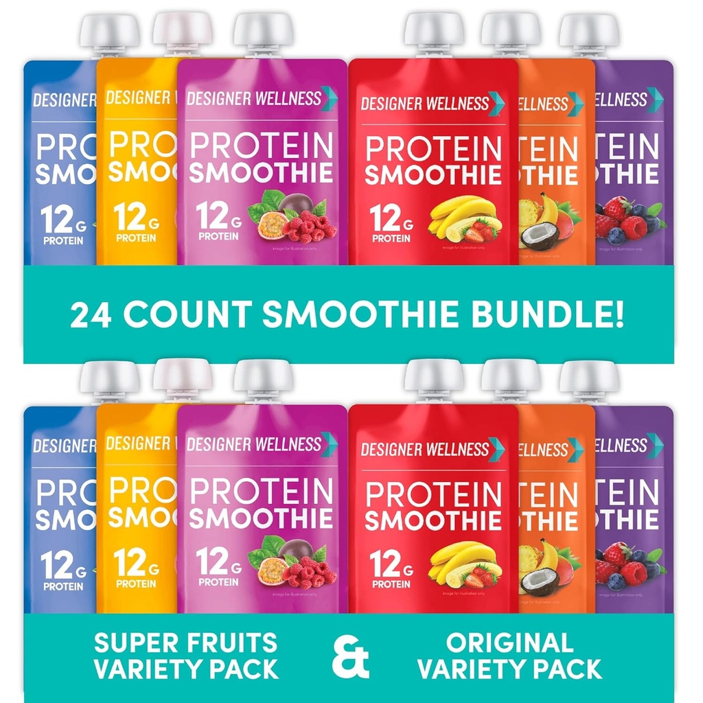 Designer Wellness Proteine Smoothies Original Variety Pack & Super Fruits Pack Bundle