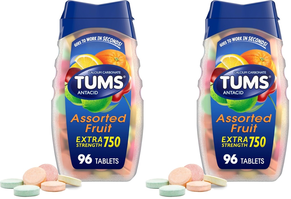 TUMS Suplimentar Putere Antiacid Tablete pentru Relief de arsuri la stomac masticabile și acid Indigestie Relief, Aroma de fructe asortate - 96 Count (Pachet de 2)