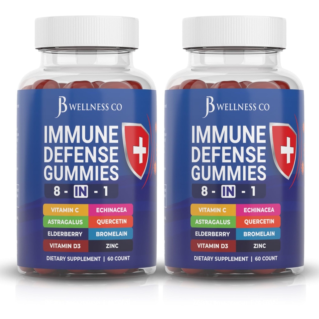 8 în 1 Defense Immune Booster Supliment Gummies cu rădăcină Astragalus, vitamina C și zinc, vitamina D3, Elderberry și Querbetin (2 ambalaj)