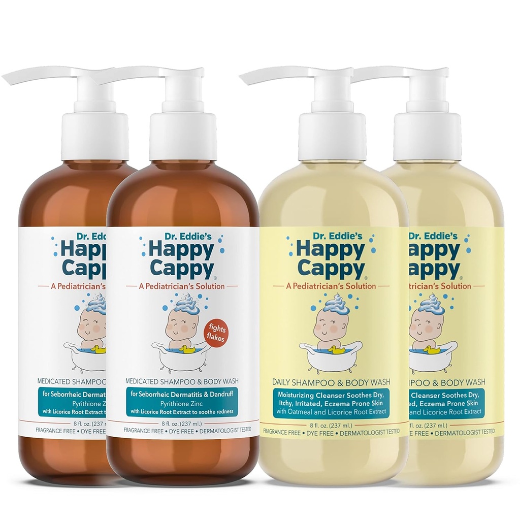 Happy Cappy Daily Mededed Şampon şi Body Wash Bundle - Baby Dandruff Shampoo, ajută Cradle Cap şi Seborreic Dermatita, Reduce roşu, Dermatolog testat, Fragrance-Free - 4 piese