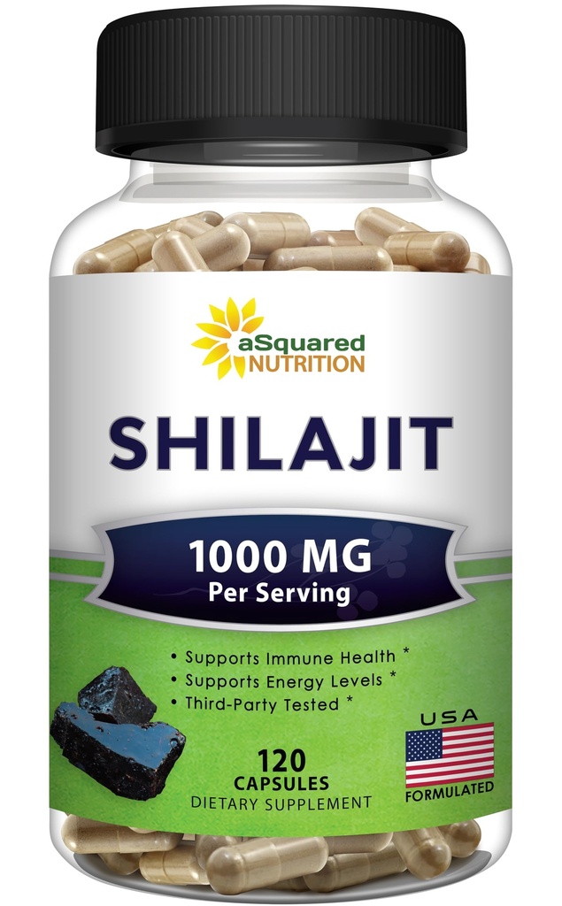 aSquared Nutrition Shilaj 1000mg - 120 capsule - Pure Shilaj Extract Supliment și pulbere Complex Pastile - Natural Humec & Acid pelvian & Trace Minerale - Alternative la Resin & Drops