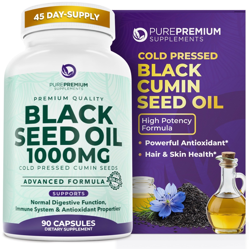 PurePremium Black Seed Oil 500mg - Seminte organice Nigella Sativa, extract de chimen negru presat la rece - Hair/Skin Supplement pentru barbati / Femei pachet de 90 capsule
