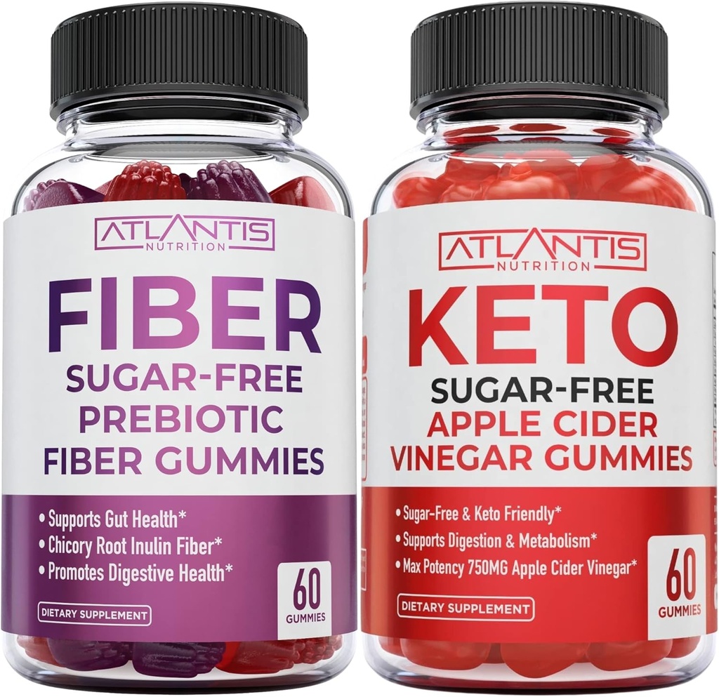 Atlantis Nutriţie Zahăr Prebiotic Gratuit Fibră Gume pentru adulţi 2-Pack (120 Gume) + Zahar gratuit Keto Apple Cidru Oţet 60 Gume
