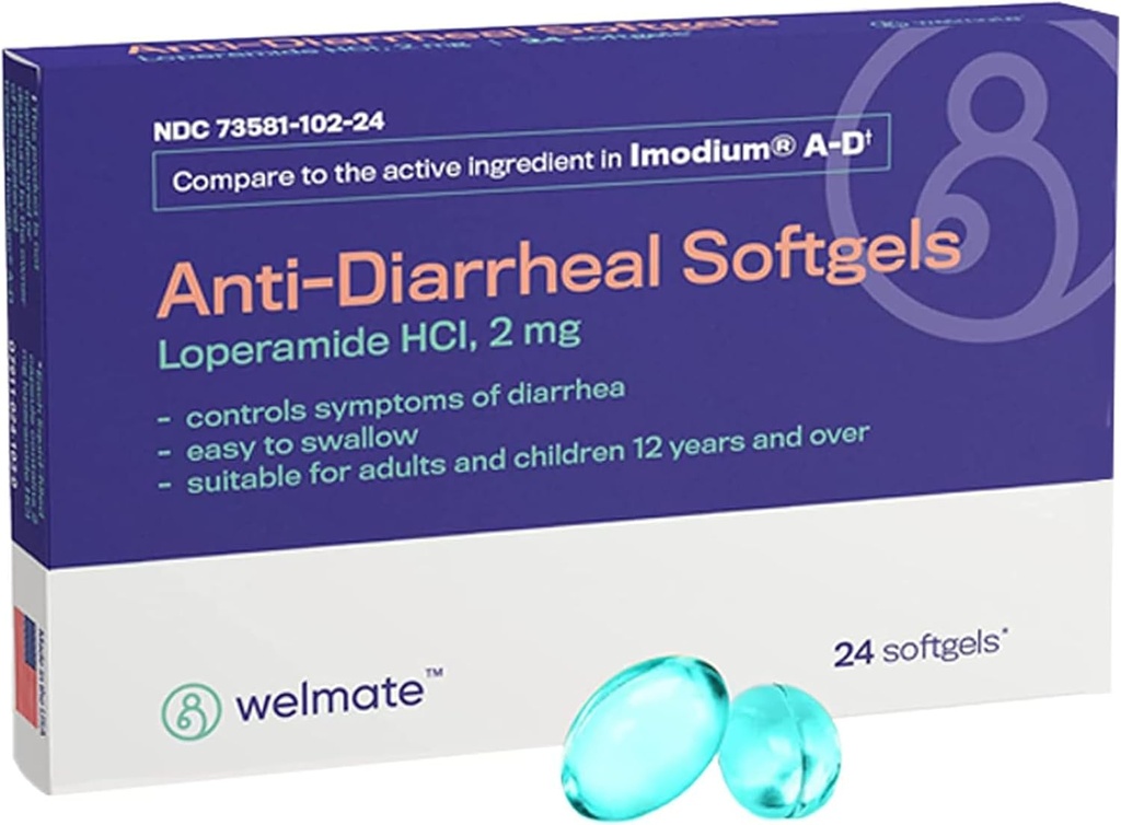 WELMATE - Softgels anti-Diareice (24 Softgels) - Loperamidă HCL 2 mg - Diaree Symptom Reliever - Disset Stomac Reliever - Anti Diaree pastile - Over-The-Counter Medicamente