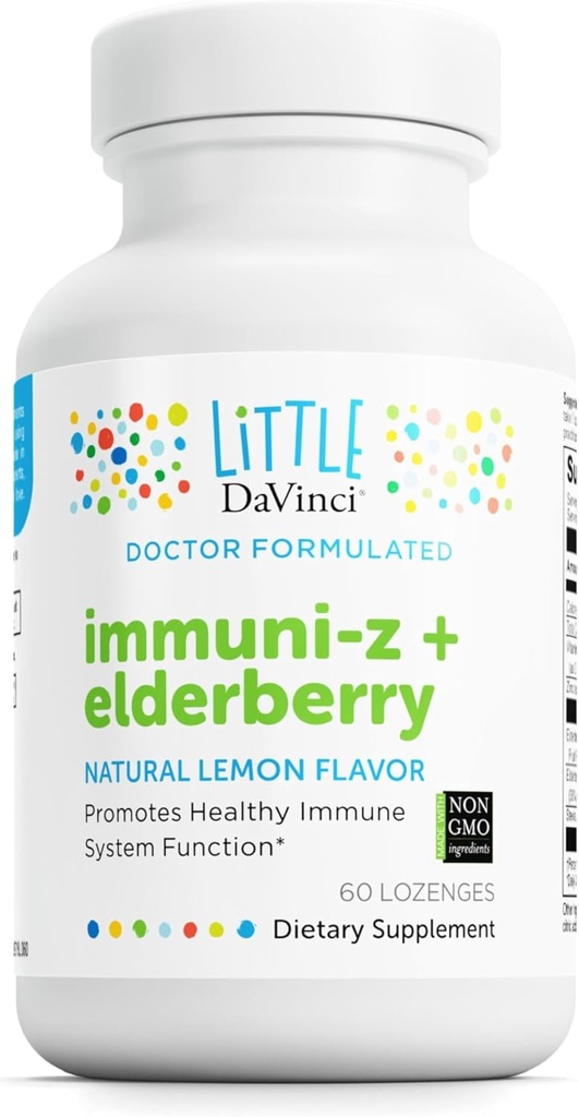 DAVINCI Little Imuni-z + Elderberry - Kids Zinc Lozenge to Support Immune Health, Healthy Lungs and Throat Tesut* - with Vitamin D3, Zinc, Elderberry and More - Lemon Flavor - 60 Lozenges
