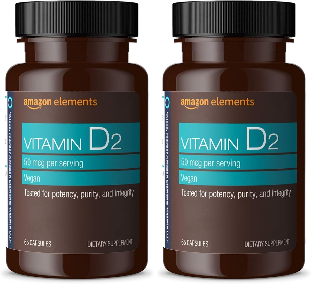Elemente Amazon Vitamina D2 2000 UI, Vegan, 65 capsule, susține oase puternice și sănătate imună, 2 luni de aprovizionare (Pachet mai Vary) (Pachet de 2)