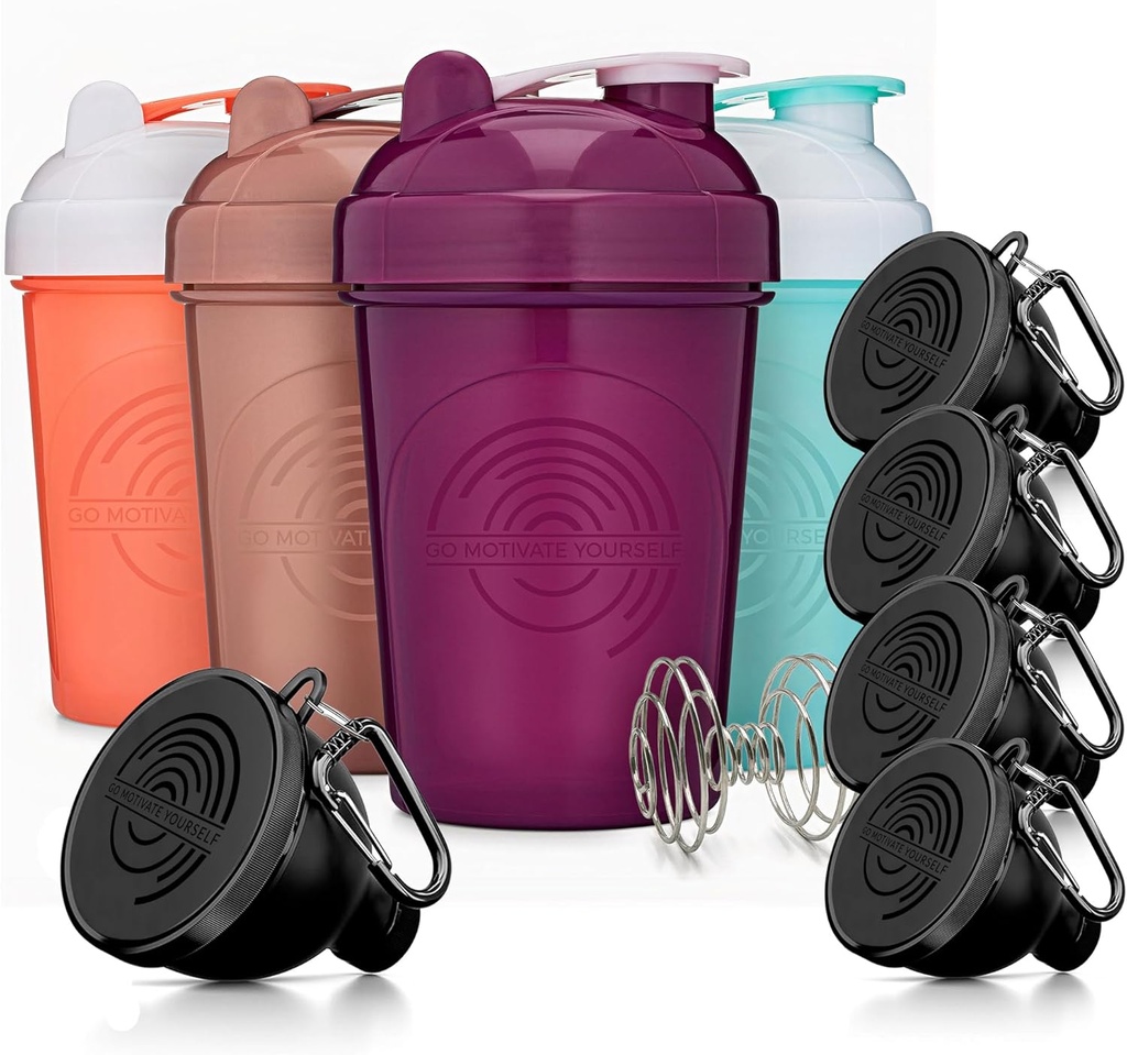 GOMOYO Fitness Bundle - 4 Pack Shaker Sticle cu Agitator + 5-Pack Proteine Funnels cu Carabiner, BPA-Free & Dishwaster Safe