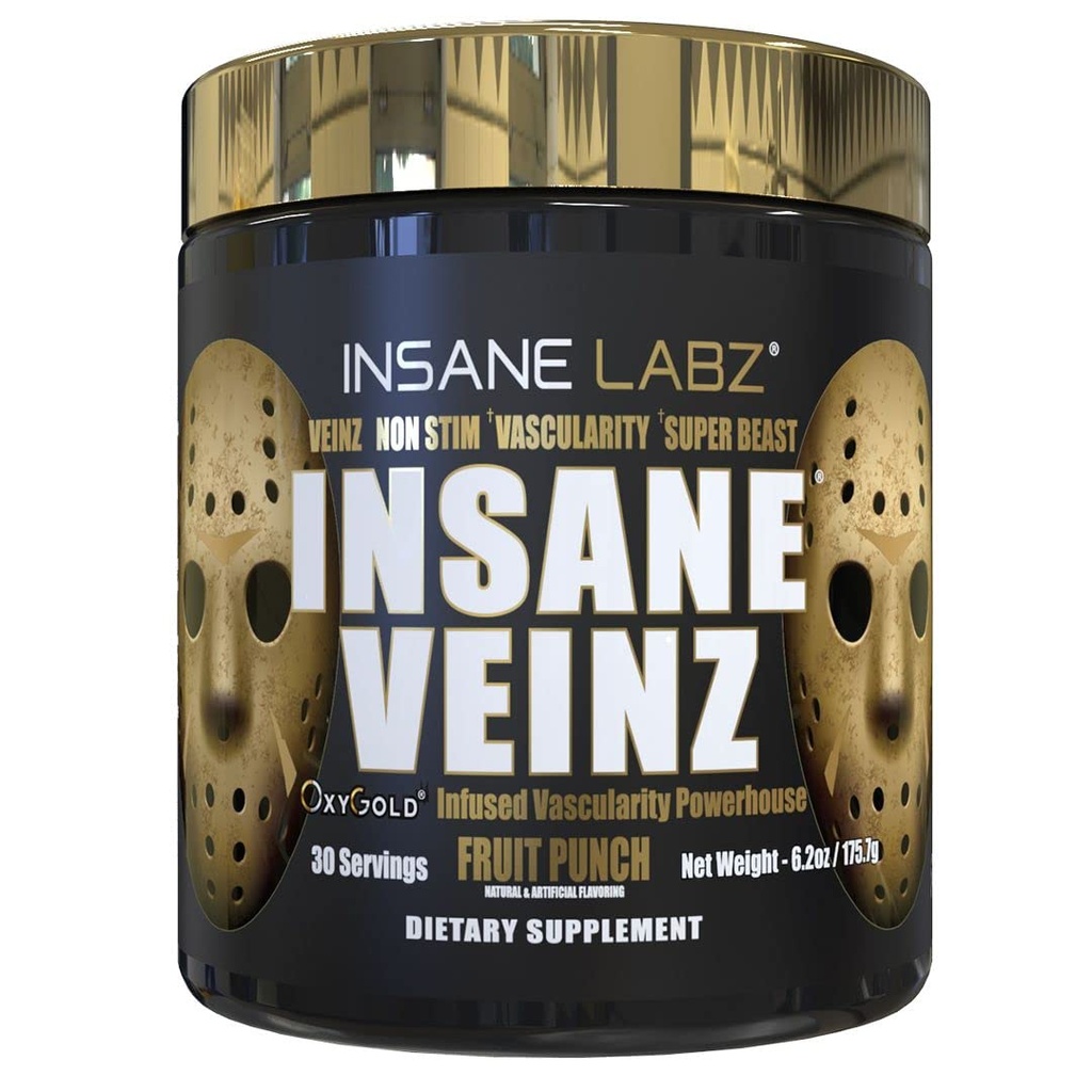 Insane Labz Insane Veinz Gold, oxid de azot non Stimulant pre Praf de antrenament, încărcat cu Hydromax, Nitrosigine, Creste vascularitatea si fluxul sanguin, 30 Srvgs, Punch de fructe