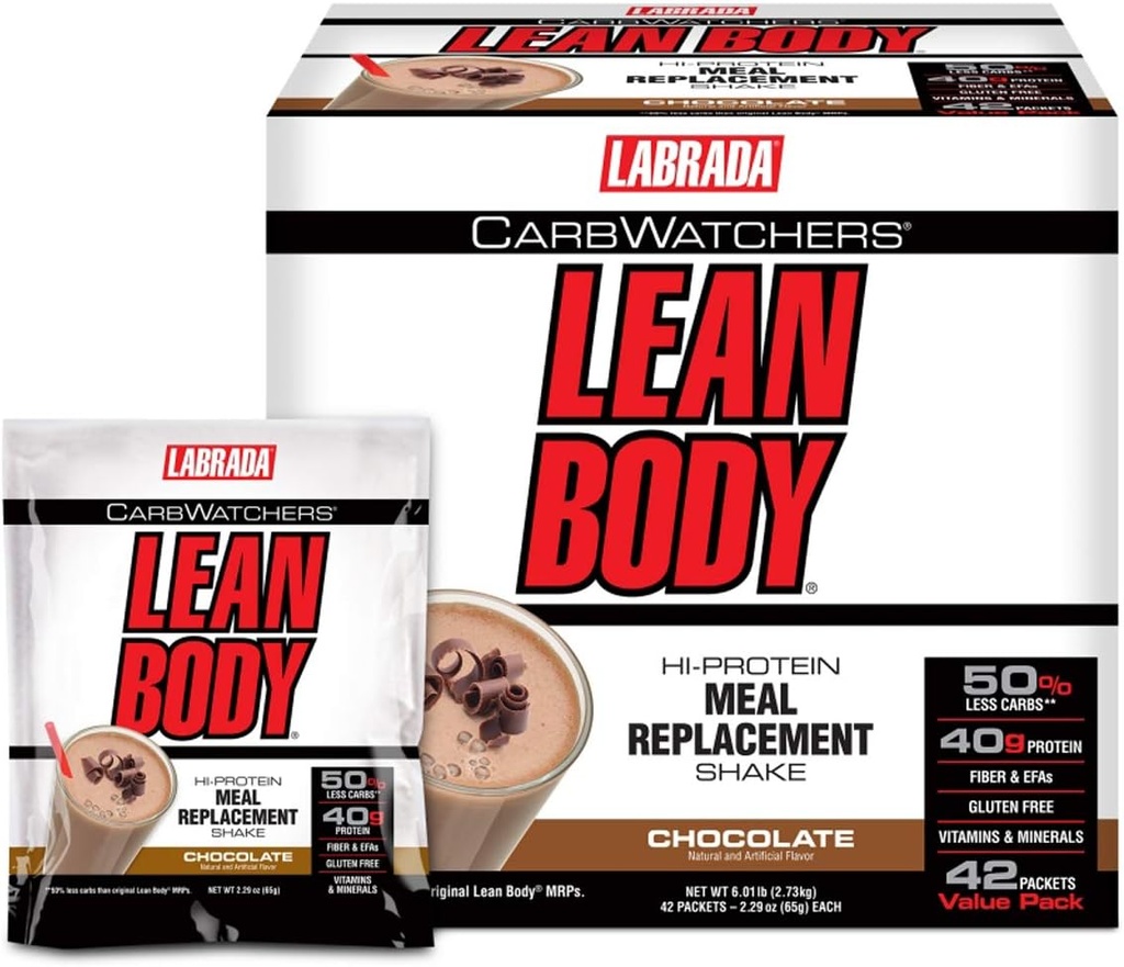 Labrada Carb Observatori Lean Body Hi-Protein Masă de înlocuire Shake, îngheţată de ciocolată, 2.29 Ounce (Pachet de 42)