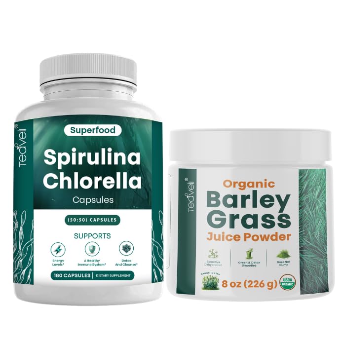 Teaveli Spirulina Chlorella Capsule și Barley Grass Juice Powder Bundle