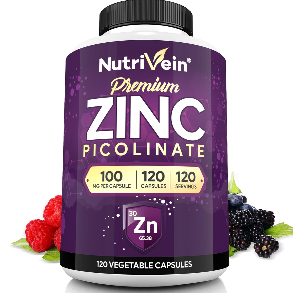 Nutrivein Premium Zinc Picolinat 100 mg - 120 Capsule pentru adulţi: Suplimente Picolinat de Zinc cu Absorbţie mare - Nurishment esenţial pentru Wellness Global - Biodisponibilitatea maximă