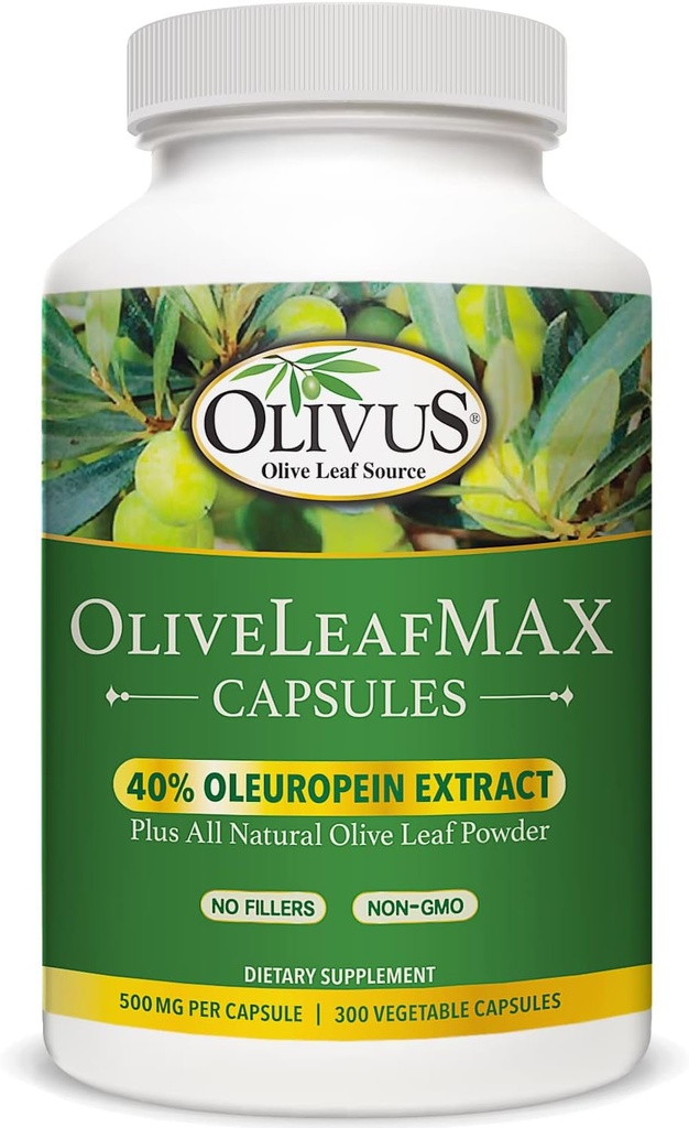 OliveLeafMAX extract de frunze de măsline (40% Oleuroepin) + Organic Olive Leaf Powder + No Fillers + 300 Capsule vegetariane + Sursate din Spania și fabricate în Statele Unite ale Americii la GMP Facility