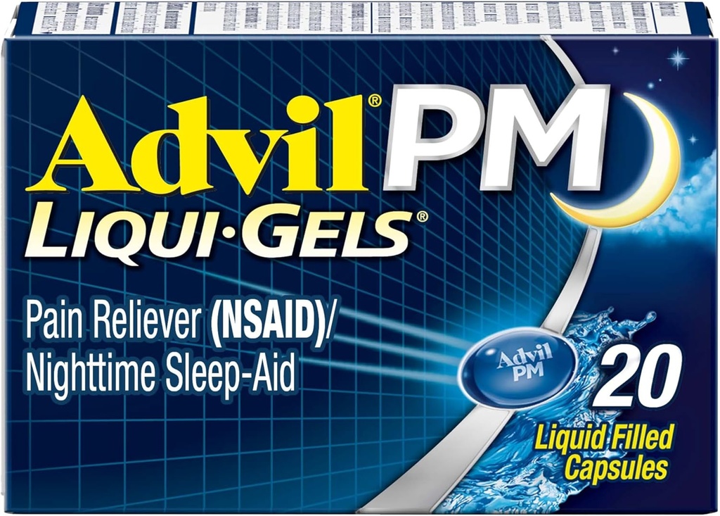 Advil PM Liqui-Gels Pain Relieiver și Nighttime Sleep Aid, Pain Medicine with Ibuprofen for Pain Relief and Difenhidramine HCL for a Sleep Aid - 20 Liquid Filled Capsules - Back to College