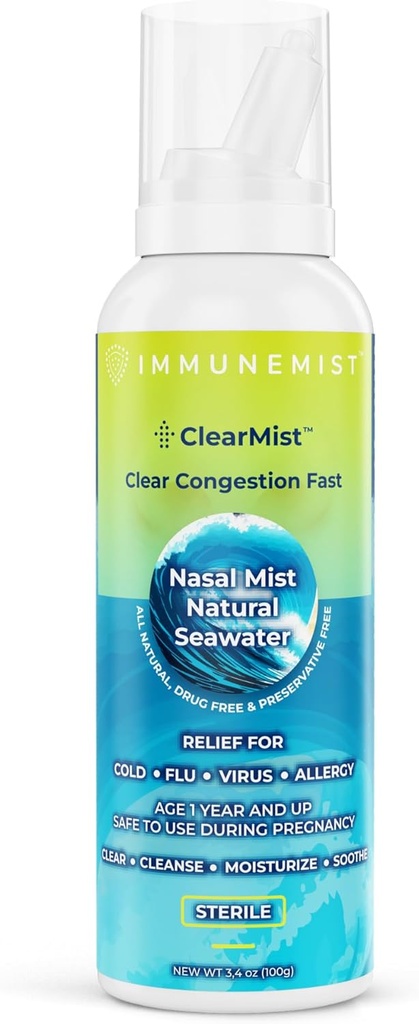 ClearMist Natural Seawater Spray Nasal pentru Congestion Relief, Hypertonic Saline Spray Nasal pentru nas uscat, hidratare Sinus Decongestionant Relief pentru adulți și copii realizate în Suedia, sigur pentru vârstele 1+
