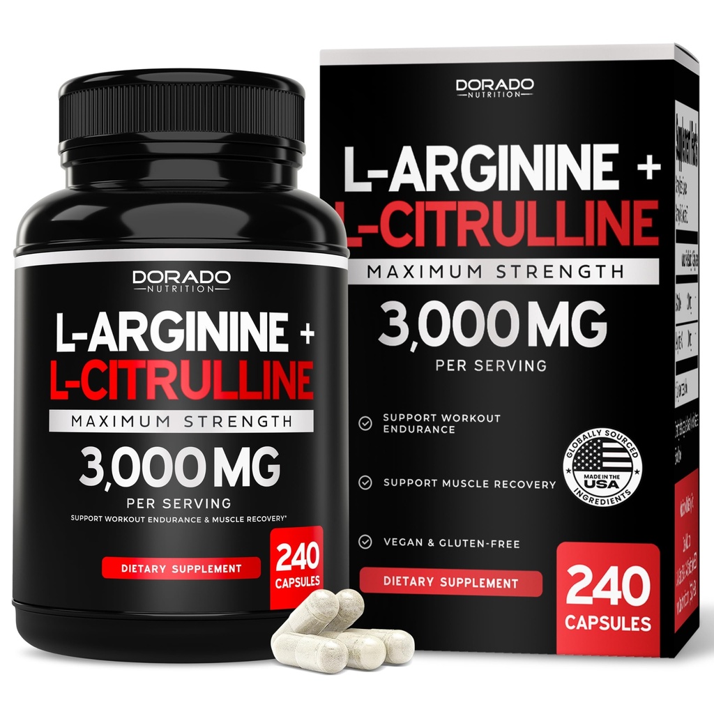 L Arginine L Citruline Supliment 3000mg (240 capsule) Pastile de oxid azotat pentru bărbați - Rezistență, performanță pentru antrenamente - NU Suplimente pentru bărbați - Gluten gratuit, non-GMO, capsule Vegan