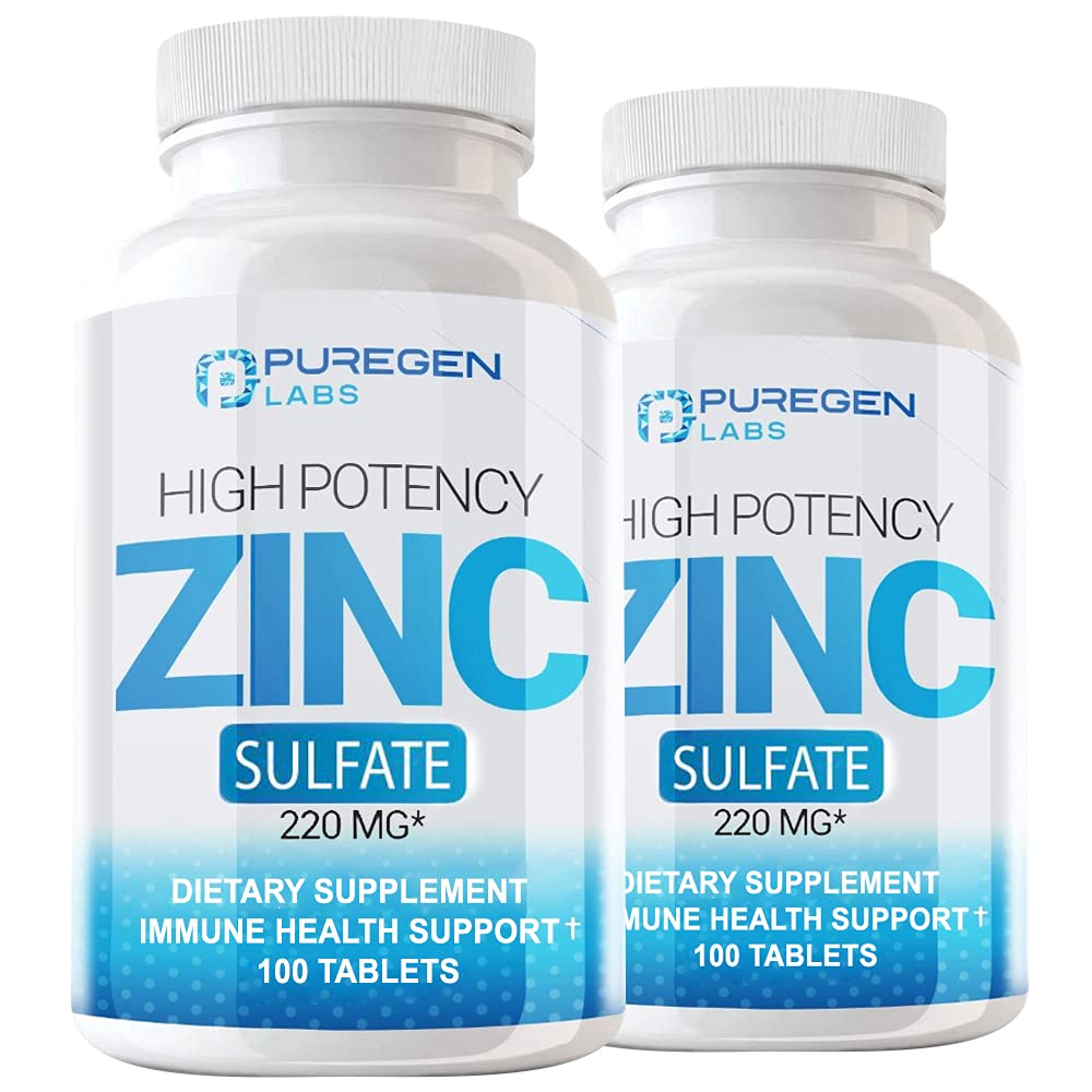 Puregen Labs Zinc sulfate 220 mg Supliment alimentar comprimate - 100 Conte (Pachet de 2)
