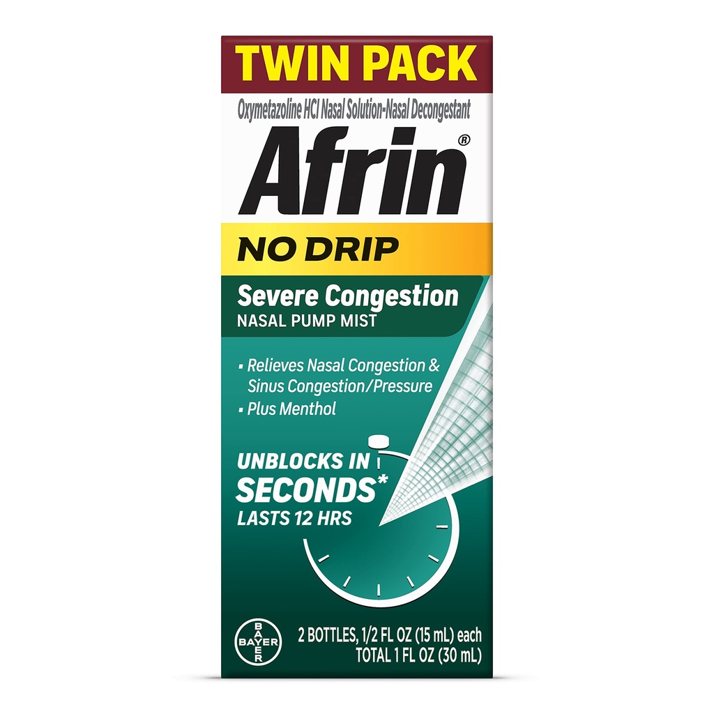 Afrin No Drip Severe Congestion Nasal Mist Twin Pack, Non-Drowsy, Fast-Action Decongestant pentru Congestia Nasală și Sinus Relief de presiune, Adulți și copii 6 și mai în vârstă, 0.5 fl oz (Pachetul de 2)