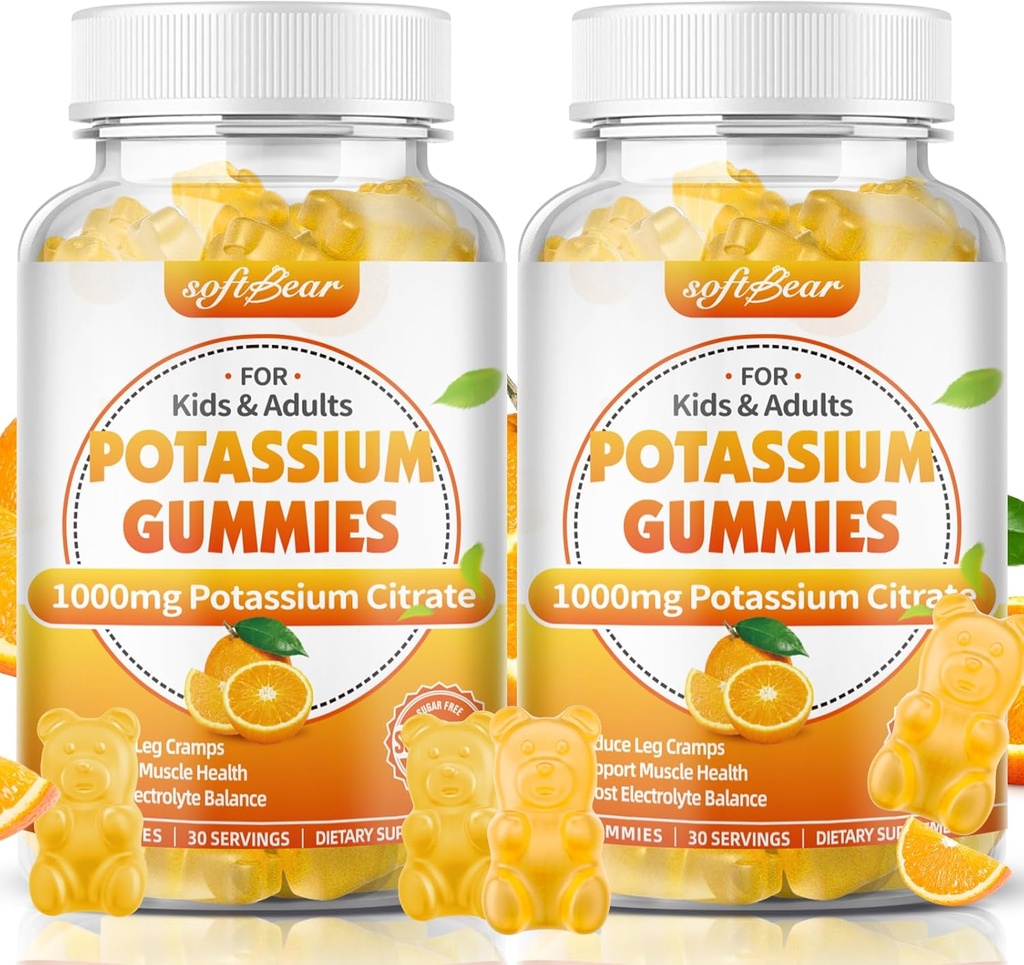 urs moale Citrat de potasiu 1000mg, Gume de zahăr liber de potasiu pentru adulți Suport Crampe picior și musculare Sănătate mare Potență Supliment de potasiu Gummies Orange Flavor 120 Conte