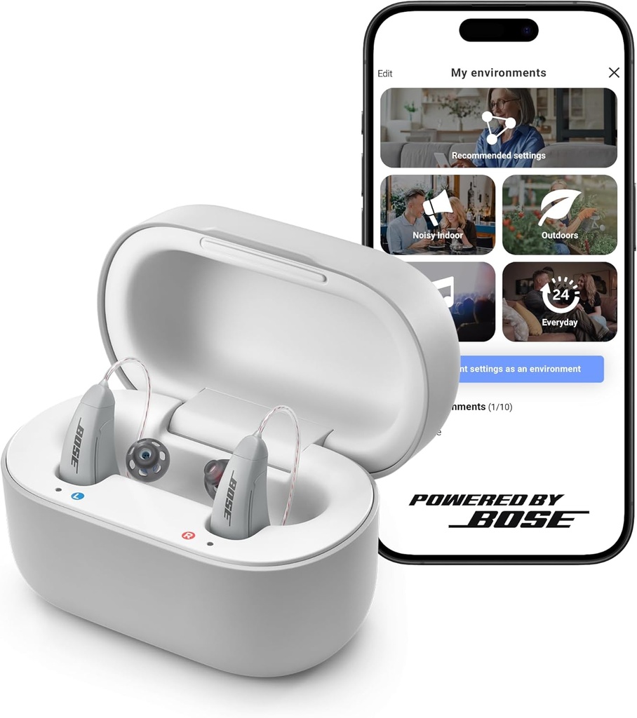 Lexie B2 OTC Audiere SIDA Putere de Bose - Bluetooth Call Activat pentru iOS, Reîncărcabil cu App Control, toată ziua Comfort. Soluţie Auto-Fit, reducerea zgomotului, pentru pierderea uşoară până la moderată a auzului (Gray)