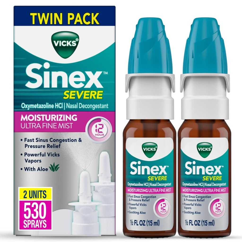 Vicks Sinex Spray Nasal Sever, Moisturizing Ultra Fine Mist cu Aloe, Decongestant Medicina, Relief de Stuffy Nose Datorită răcelii sau alergiei, Congestia Nasală & Sinus Relief de presiune, 265 Spray-uri x 2
