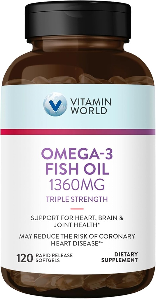 Vitamin World Triple Strength Omega 3 Fish Oil 1360 mg Supplement, 950 mg Active Omega-3 Fatty Acids with EPA & DHA, Supports Heart, Brain & Joint Health, Gluten Free, 120 Softgels, 4 Months Supply