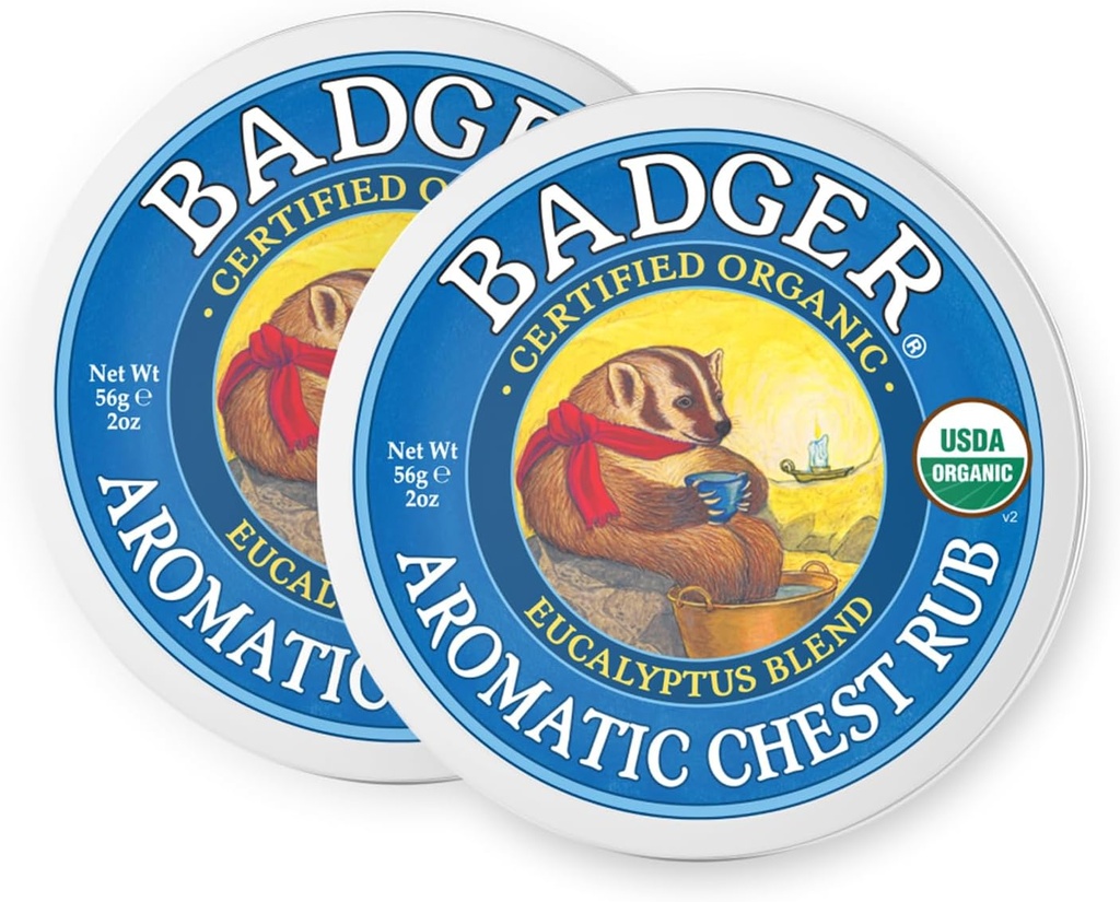 Badger Aromaty Chest Rub, 100% Organic Vaporub w/Eucalyptus & Lavender Uleie esențiale pentru a șterge & Soothe, All-Natural Congestion Relief pentru adulți și copii, 2 oz Tin, 2-Pack