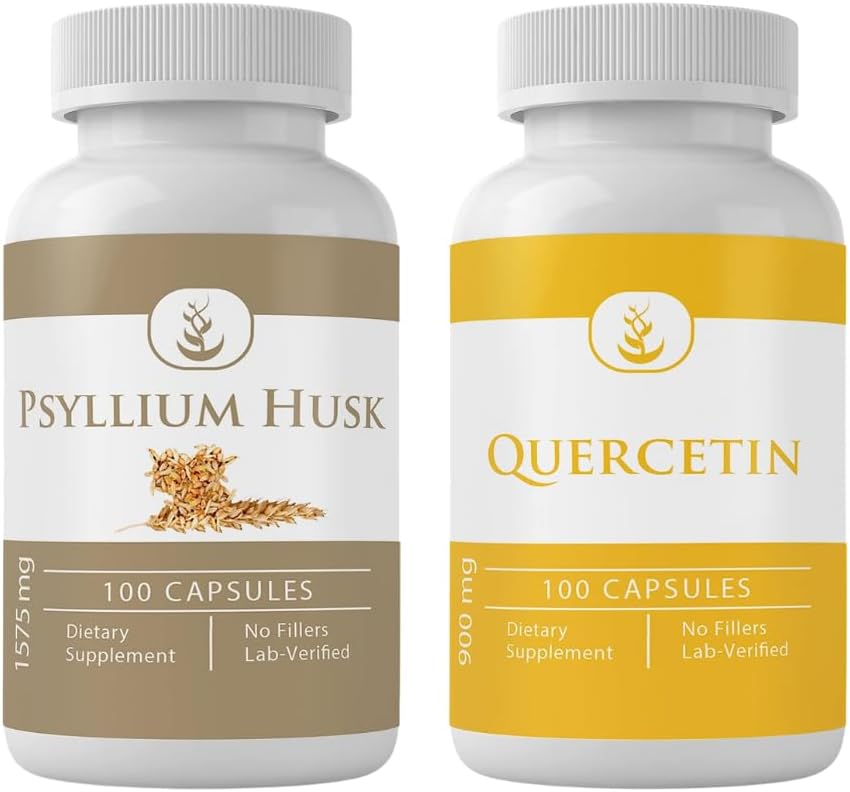 INGREDIENTE ORIGINALE Psyllium Husk & Querbetin Capsule Bundle (100 capsule fiecare), fără aditivi sau fileri, lab verificate