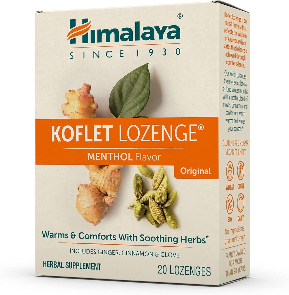 Himalaya Koflet Lozenges, Aroma mentolata original, Natural Herbal Cough Drop for Warming Relief and Soothing Throat Confort, 130 mg, 20 Lozenges