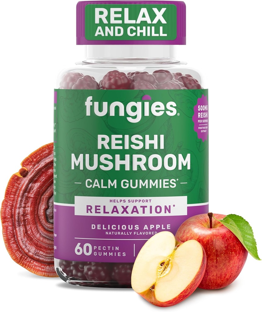 Ciuperci Reishi Mushroom Gumies, Aroma delicioasa de mere - Mushroom Herbal Supplement Gummy pentru adulti Sustine Immune Health, Relaxare & imbatranire sanatoasa - Gumiile calmante pentru somn - 60 Serviri