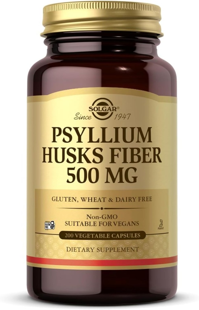 Solgar Psyllium Husks Fiber 500 mg - 200 Capsule vegetale - non-GMO, Vegan, Gluten Free, Dairy Free, Kosher - 100 Serviri