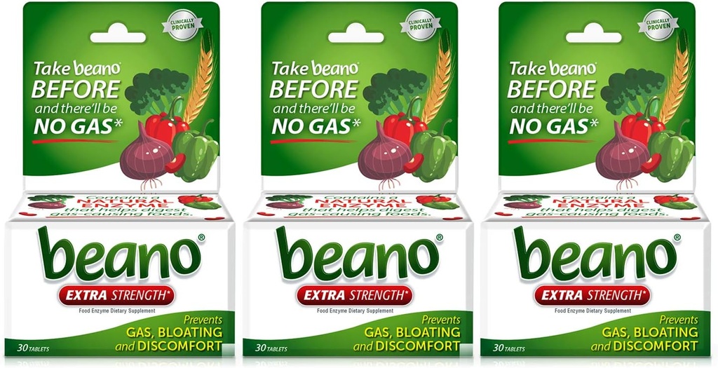 Beano Extra Force, Digestive Enzyme Supplement, Prevents Gas, Blooting and Discomfort (Packing May Vary) 30 Count Fiecare (Pachet de 3)