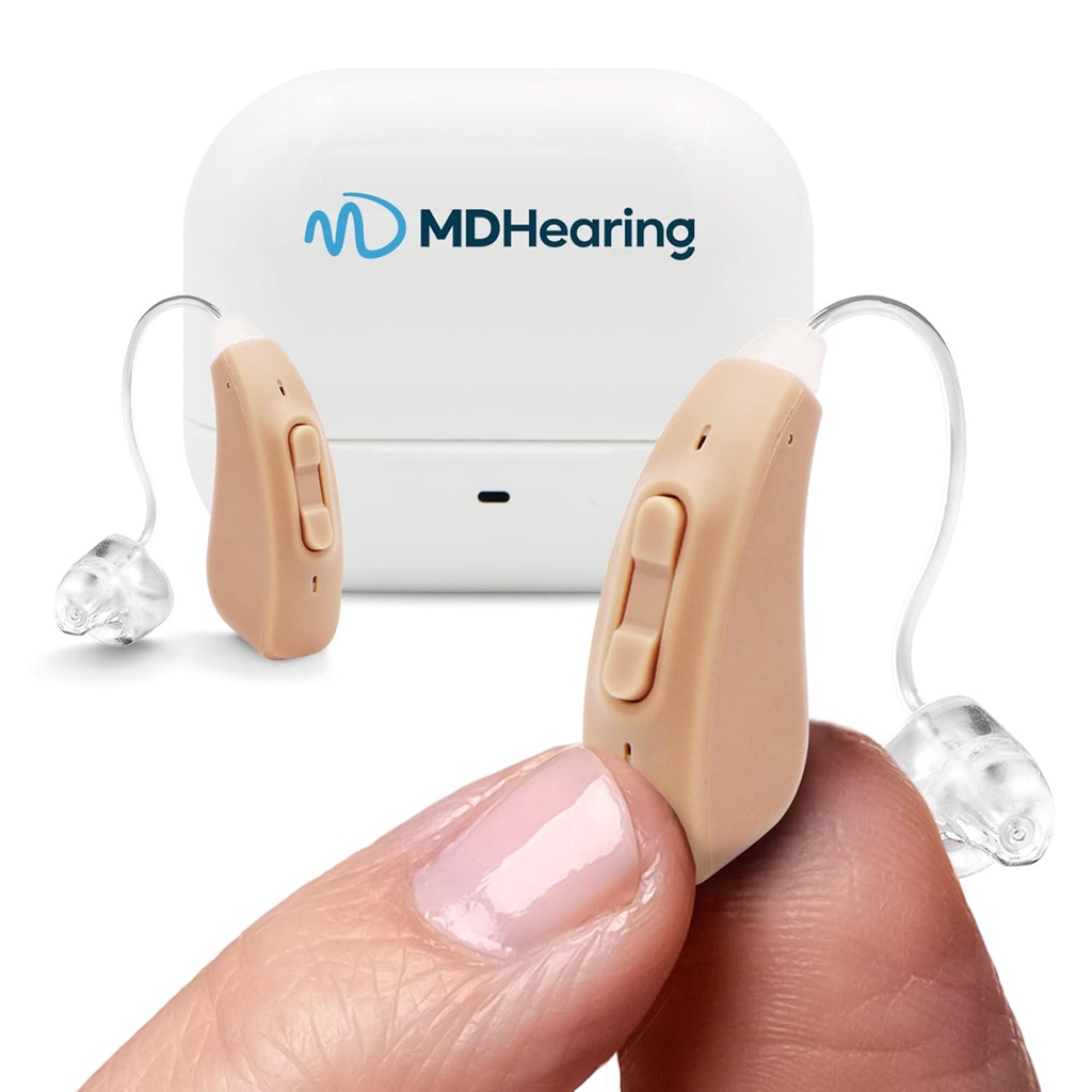 MDHearingAid Air Aid (Pair), OTC Reîncărcabil, Crystal-clar Digital Sound de MDHearing, Perfect pentru Ochelari, Aproape invizibil