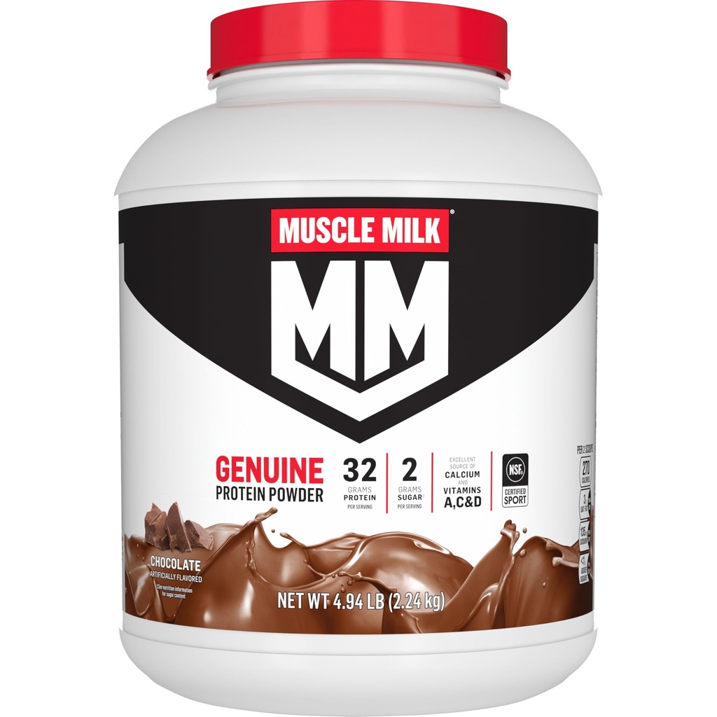 Muscle Lapte praf de proteine autentic, Ciocolata, 4.94 Pound, 32 Serviri, 32g Proteina, 2g Zahăr, Calciu, Vitamine A, C & D, NSF Certified for Sport, Energizant Snack, Ambalaje mai Vary