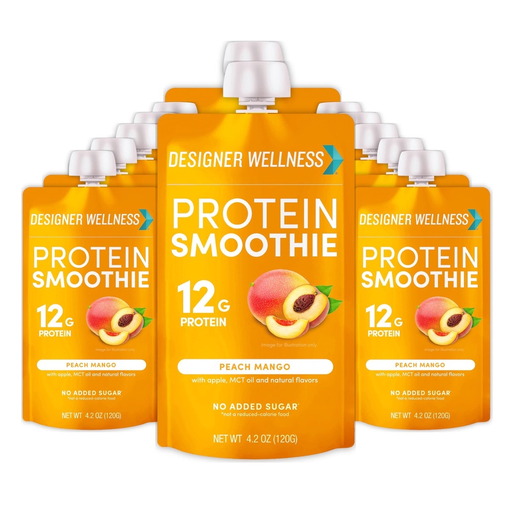 Designer Wellness Proteine Smoothie, fructe reale, 12g Proteine, carbohidrat scăzut, Zero adăugat zahăr, Gluten-free, non-GMO, fără culori artificiale sau arome, Peach Mango, 12 Conte