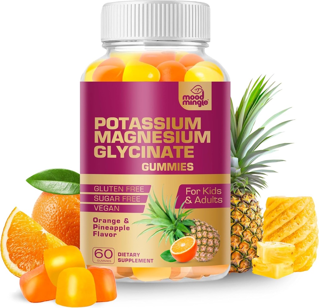MoodMingle potasic Magneziu Glicinat Gumiile suplimentare - Chews de potasiu de mare absorbţie - cu vitamine de calciu B6 B12 C D3 K2 Zinc - zahăr Vegan-Gluten gratuit pentru copii
