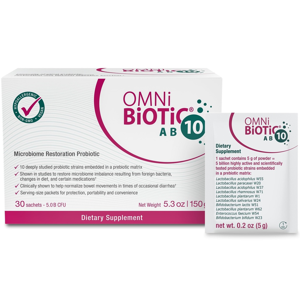 OMNi BiOTiC AB 10 - Probiotic Restaurativ testat clinic - Suporturi & Restaurante Gut Flora & Digestion - Digestive Probiotice pentru Diaree - Vegan, Hipoallergenic, Non-GMO (30 Pachete zilnice)