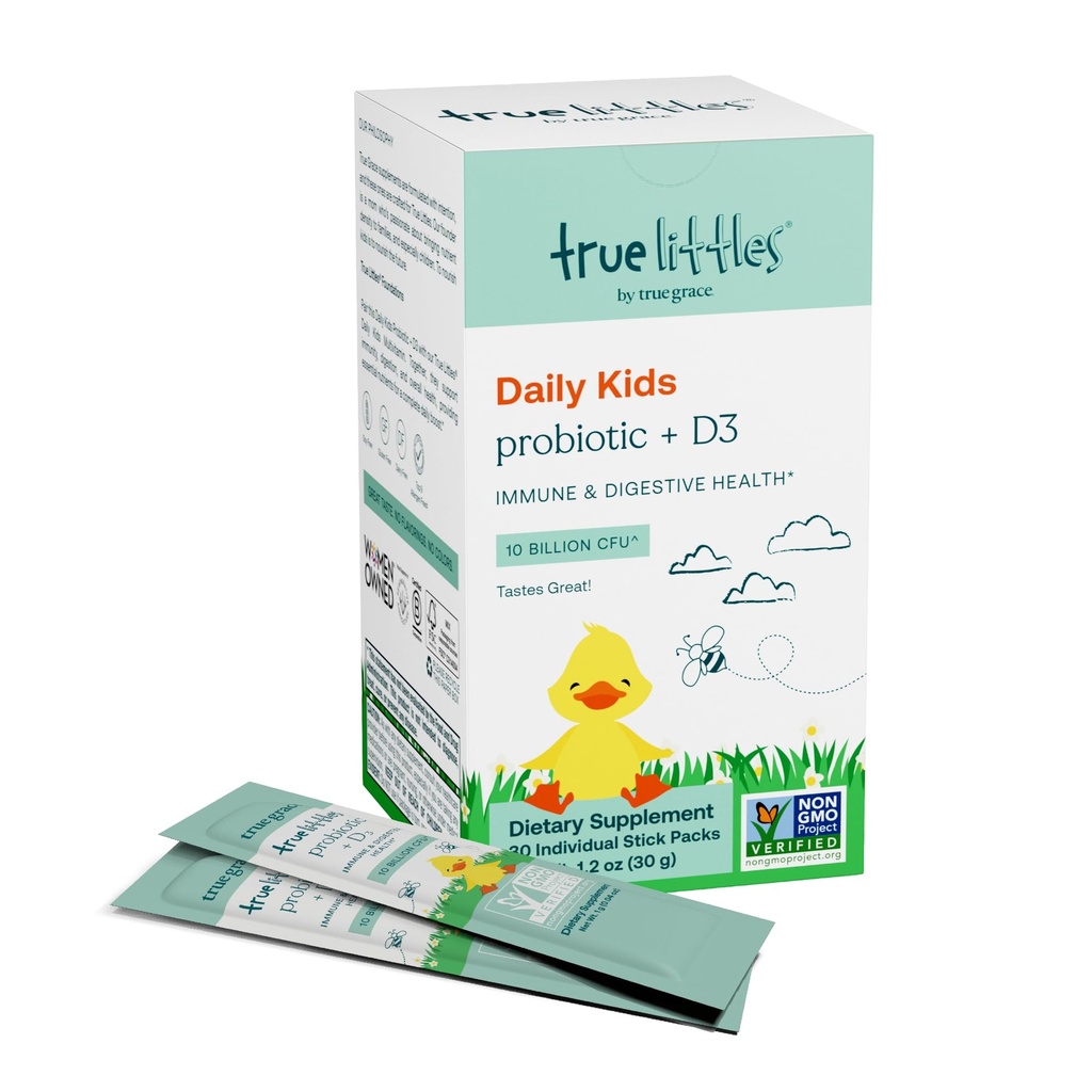 Adevărat Grace True Littles - 30 Pachete de stick individuale - copii - Daily Probiotic + Vitamina D3 pentru sănătate imună și digestivă - Gluten, soia și lactate gratuit - 30 Serviri