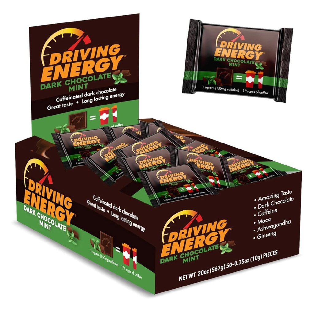 Energetica de conducere - Dimensiune cofeina Muşcături - Ciocolată neagră Mentă Energie Combustibil cu 150 mg Cafeina - Energie Lungă pentru Gym, Antrenament, Adulţi - Gust mare - Carb scăzut - Sanatos Snack - 50 Conte