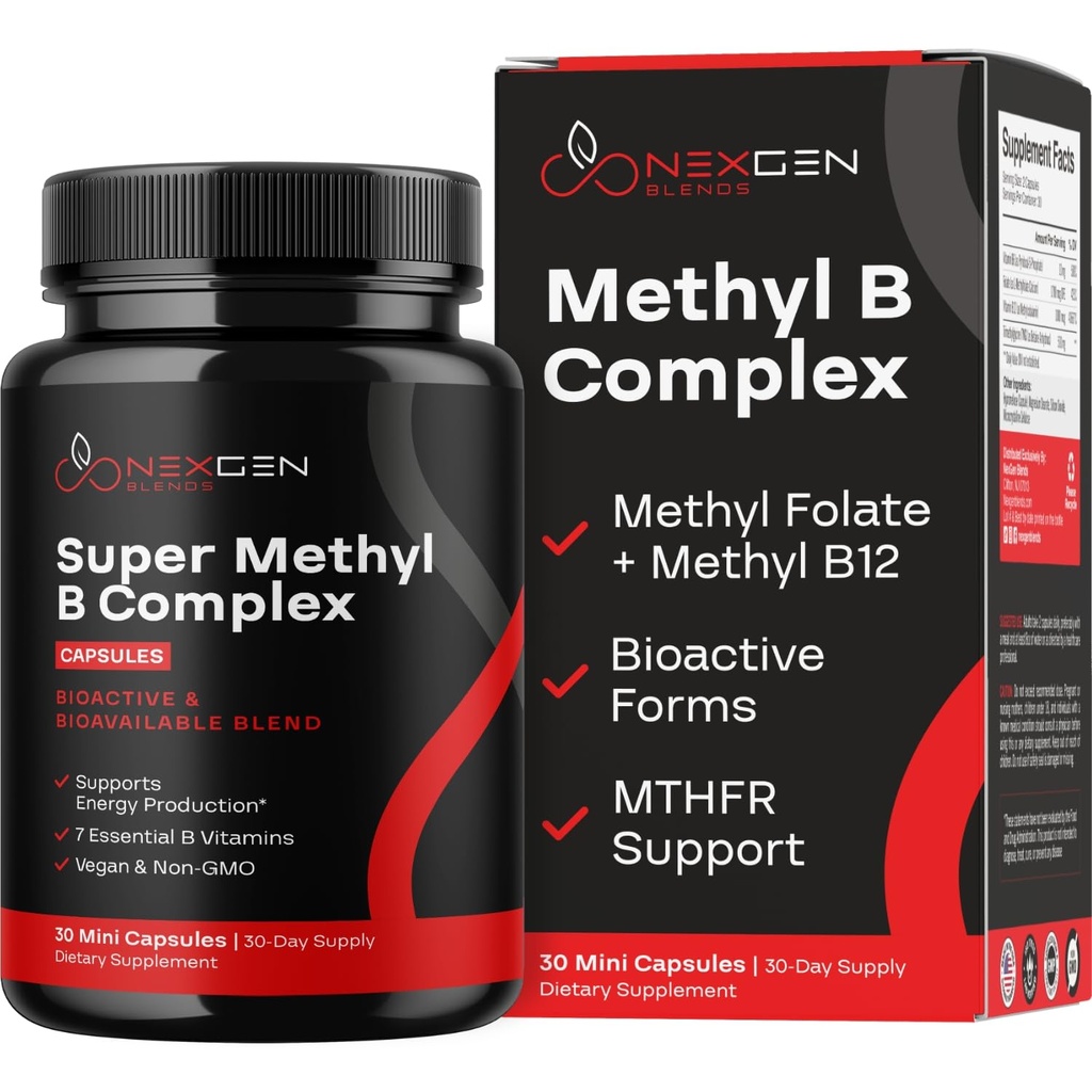 Metilat B Complex de vitamine - Bioactive Metil B Complex cu 5-MTHF metil Folat & B12 metilcobalamină pentru Brain Heart Energy & Homocisteină suport - Super Vitamina B Complex (30 conta)